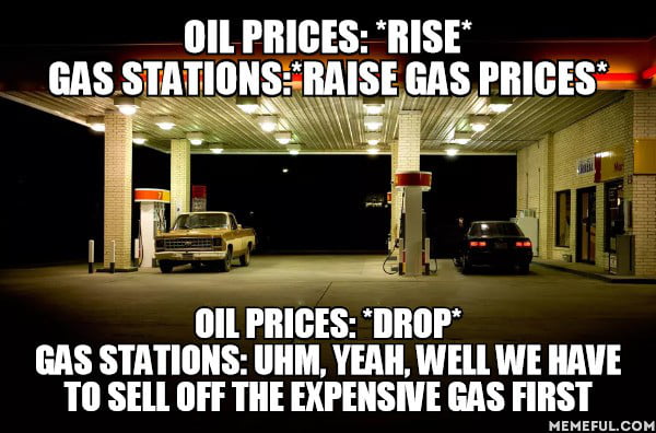 Alors comment se fait-il qu’ils n’aient jamais à vendre le gaz bon marché en premier lorsque les prix du pétrole montent ..? Et même maintenant, lorsque les pétroliers sont bloqués en mer en raison de la faible demande, les prix du gaz dans mon pays ne sont toujours pas inférieurs d’un cent